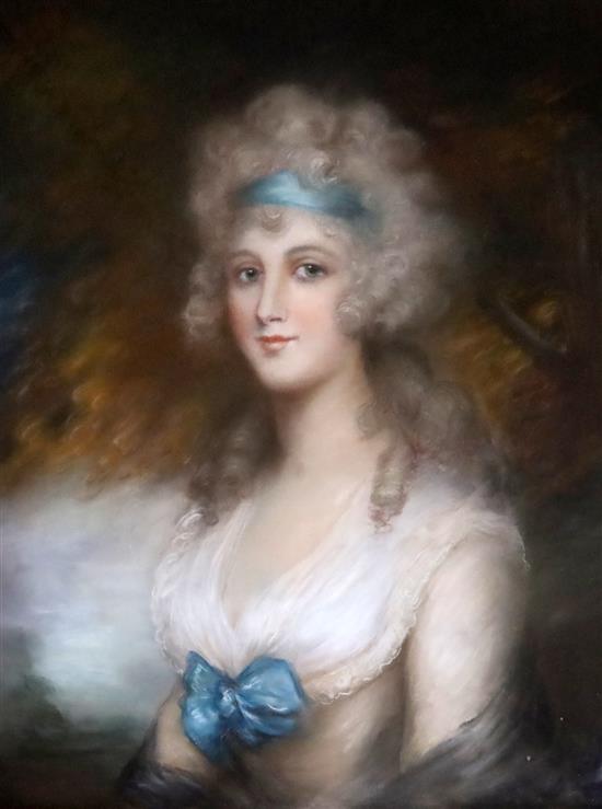 Attributed to John Russell RA (1745-1806) Portrait of a lady wearing blue ribbons in her hair and around her waist 29 x 24in.